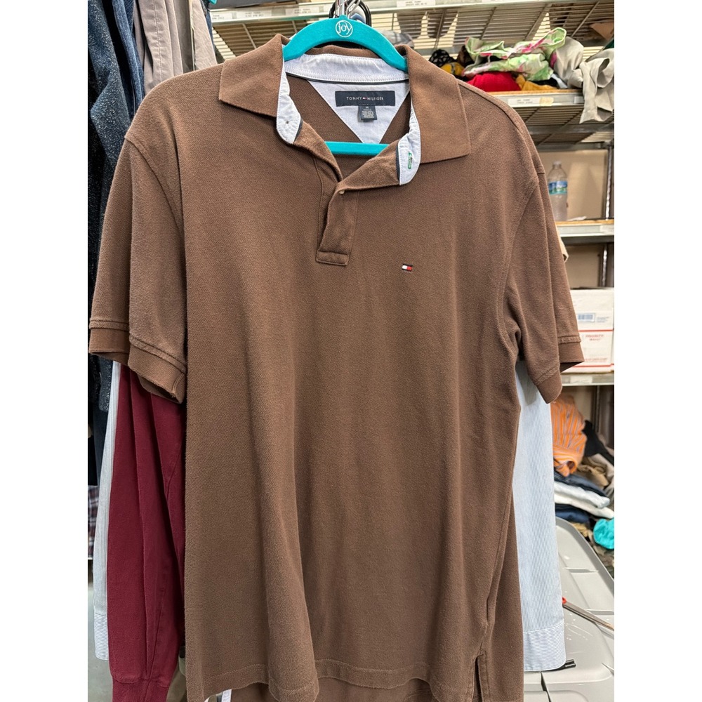 Tommy Hilfiger Mens Brown Cotton Pique Short Sleeve Polo Shirt Size M Flag Logo